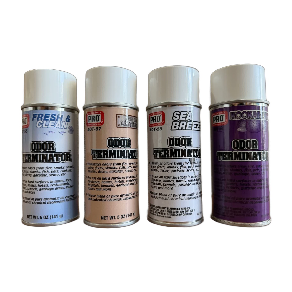 Car Beauty Pro Odor Terminator — Fresh & Clean, New Car Leather, Sea Breeze and Kookaberry 5 oz aerosols