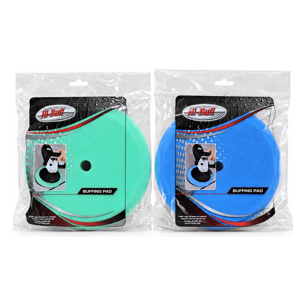 Hi-Buff green and blue foam buffing pads in their packages