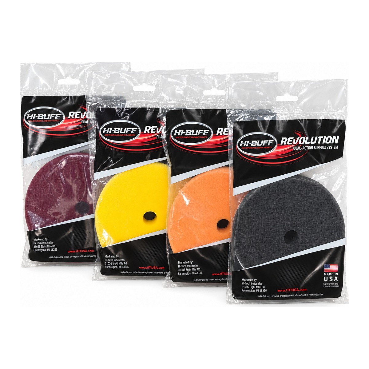 Hi-Buff Revolution DA foam pads in maroon, yellow, orange and black