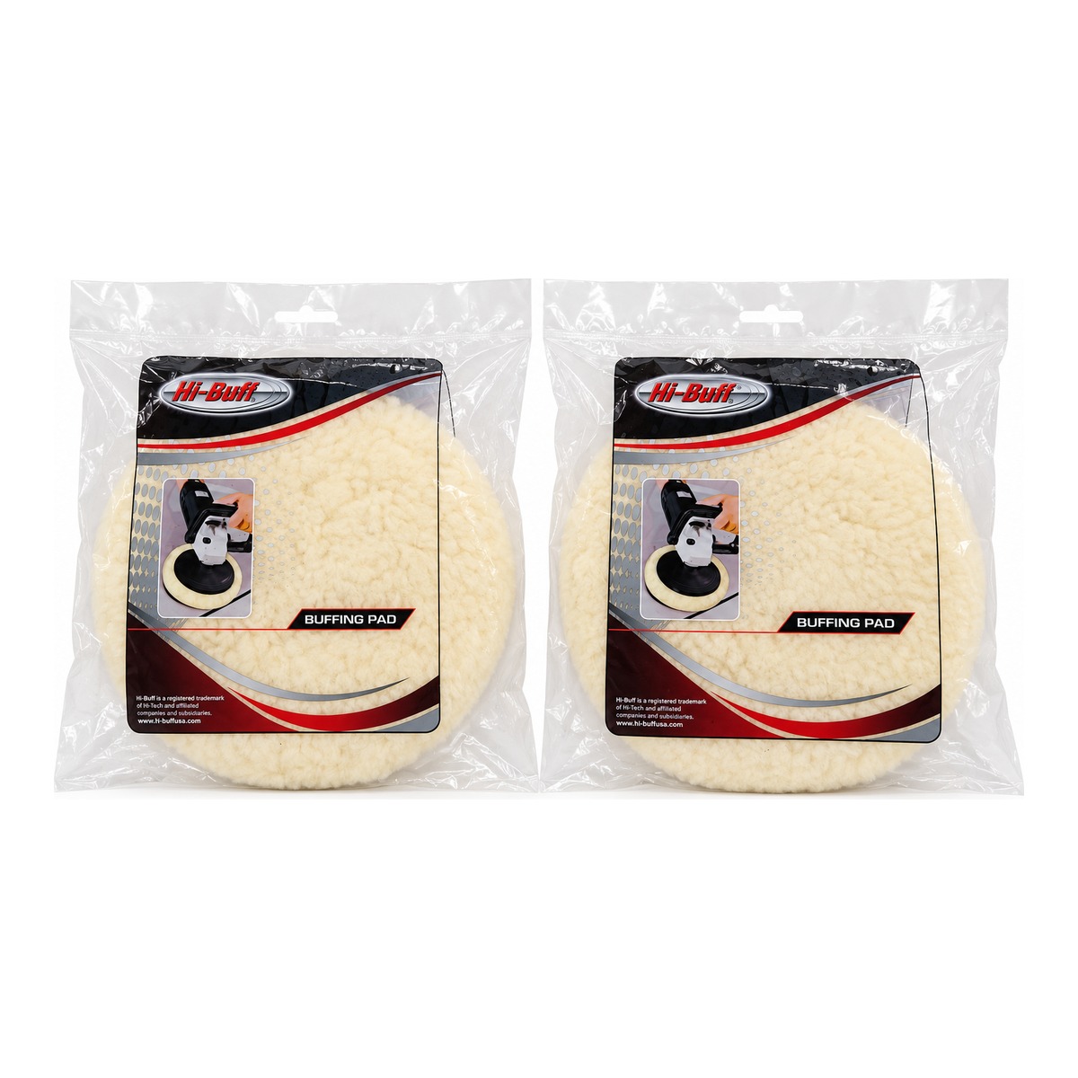 Hi-Buff single-sided and double-sided wool buffing pads in their packages