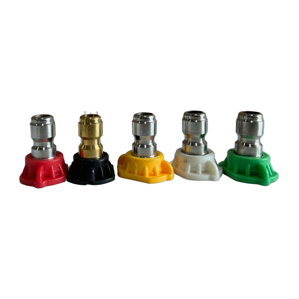 Five color-coded pressure washer quick-connect nozzle tips